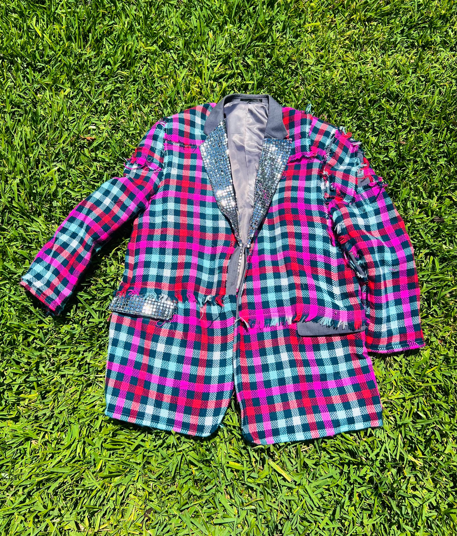Upcycled Colorful Gingham Style XL Men's Blazer