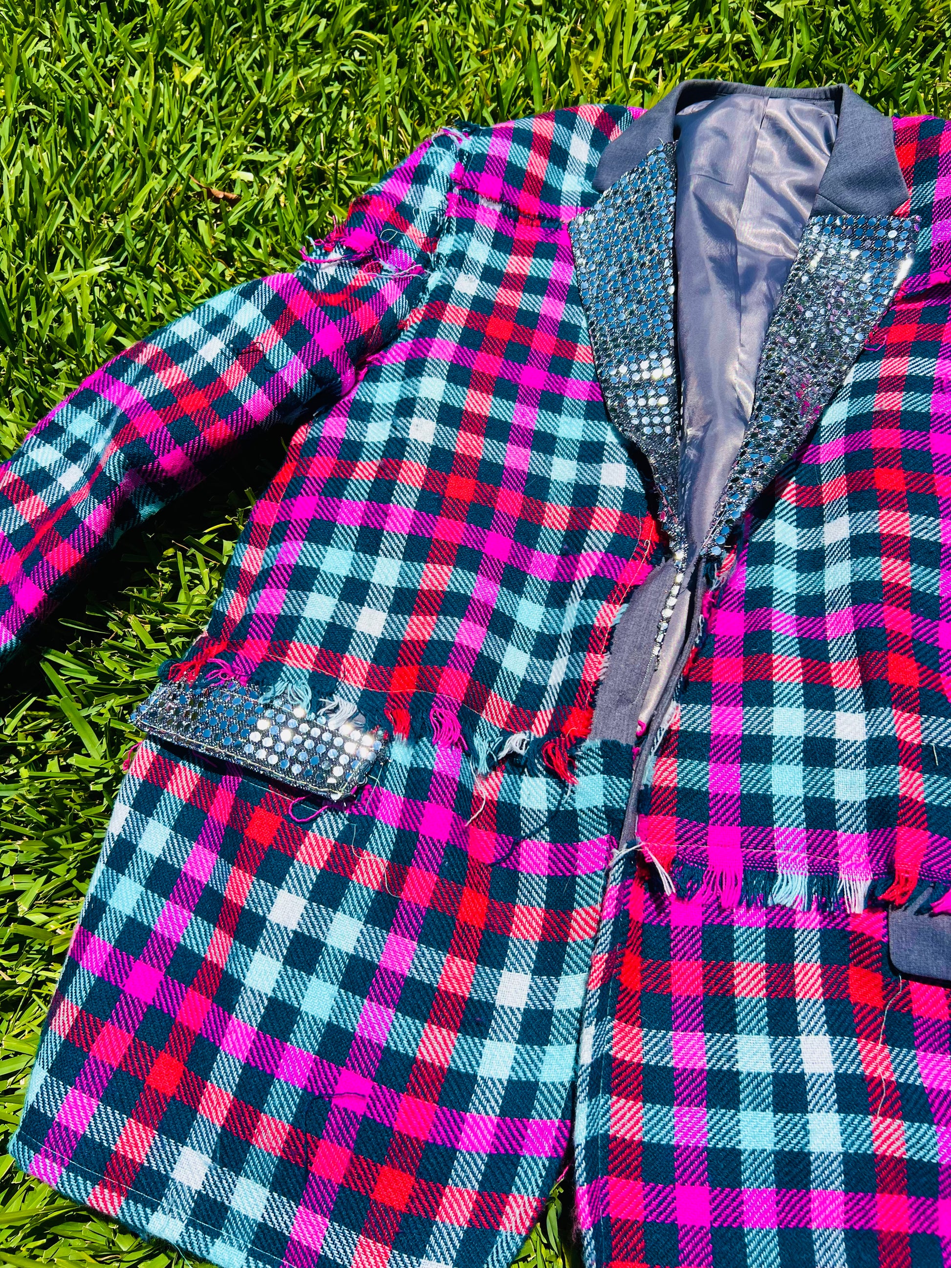 Upcycled Colorful Gingham Style XL Men's Blazer